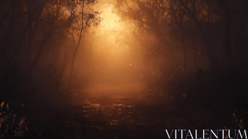 Golden Passage Glows Through Misty Forest Embrace