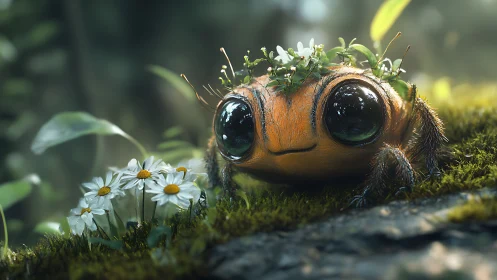 Macro-depth render of mossy forest creature with glossy occluded eyes