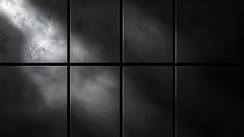 Dark reflective grid of eight rectangular metallic panels.