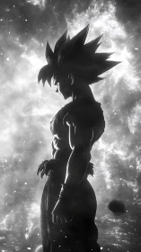 Spiky haired anime warrior stands in profile amid glowing mist