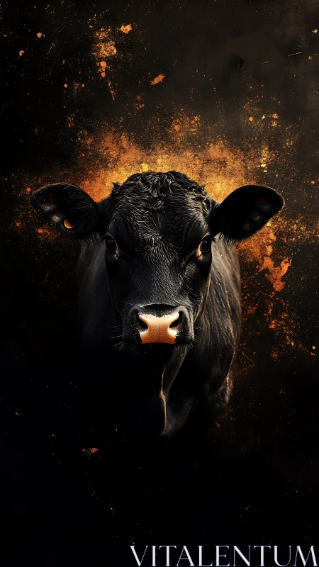 Midnight black cow emerges through fiery textured darkness