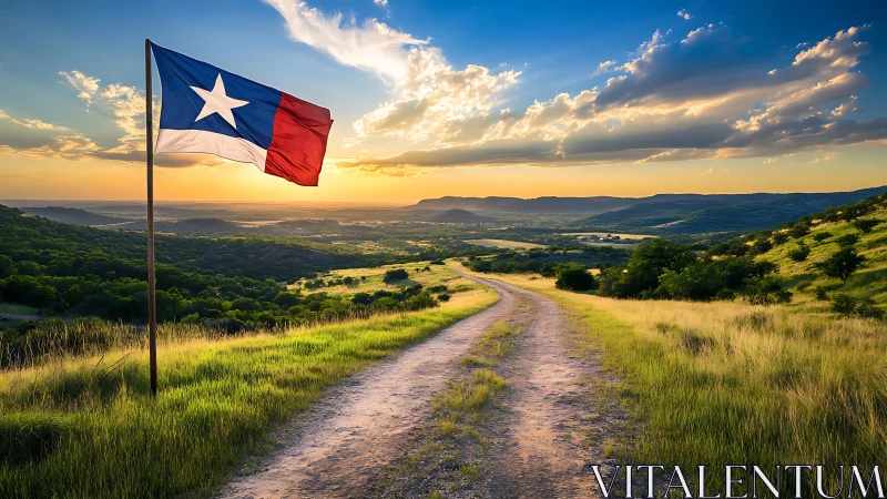 Texas flag beside rural dirt road in rolling hill country.