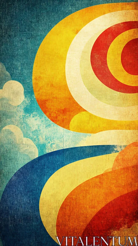 Concentric color forms over stylized clouds and curves.