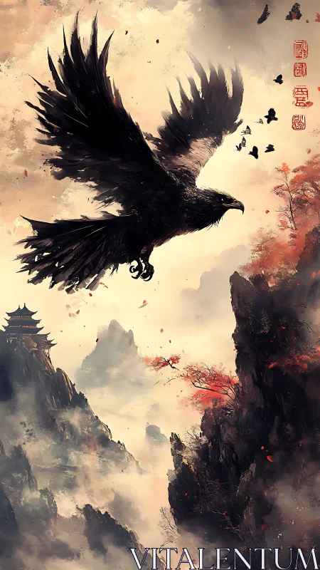 Soaring black raven glides over misty cliffs and red trees