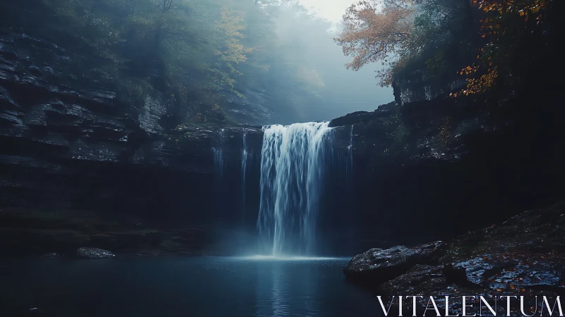 Waterfall descending into shaded rocky forest pool.
