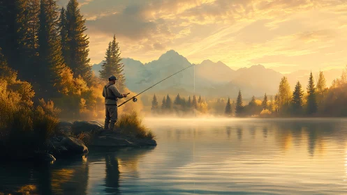 Fly fisher stands on misty mountain lake at sunrise.