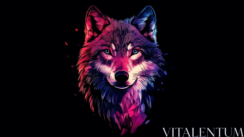Neon wolf portrait glows in bold, electric twilight hues