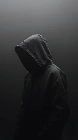 Hooded figure stands in dark gradient light with face obscured