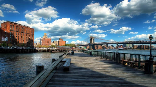 Photorealistic riverside boardwalk with bridge perspective study.
