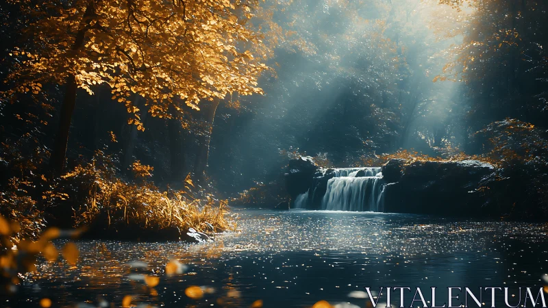 Sunlit forest waterfall shimmers through autumn haze.