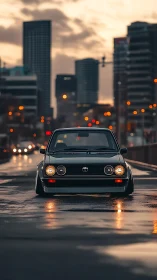 Retro Toyota prowls wet city streets at cinematic twilight
