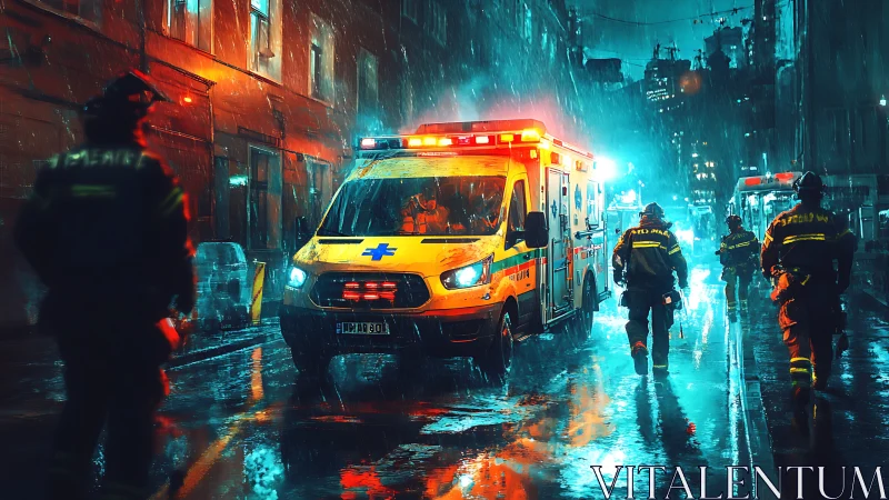 Neon drenched emergency response on rain slicked city street.