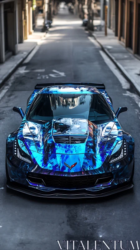 Custom blue sports car with reflective wrap on city street.