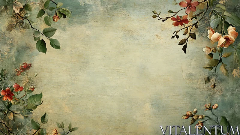 Vintage floral border with muted teal textured backdrop.