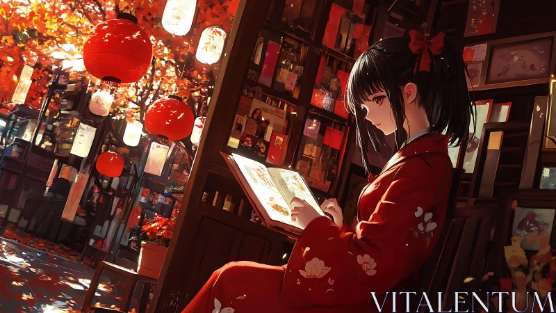 Autumn lantern-lit bookshop with kimono girl reading quietly
