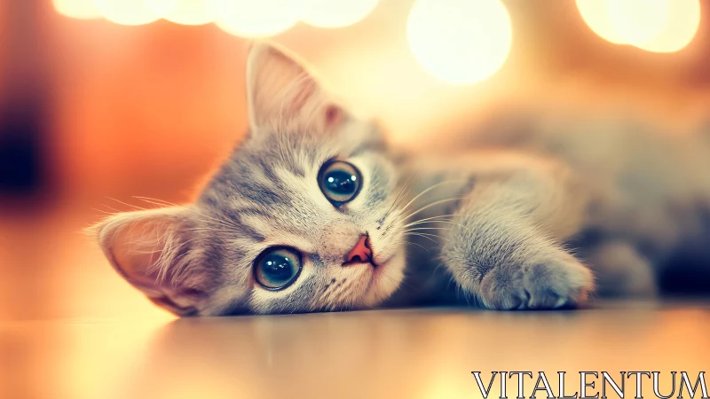 White Tabby Kitten with Enhanced Cyan Eyes and Bokeh Rendering