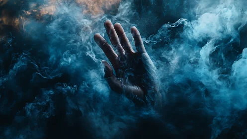 Human hand emerging through dense blue and white vapor.