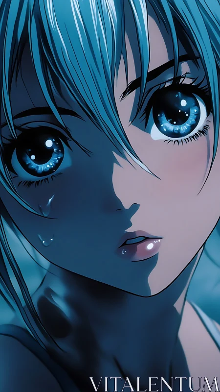 Rain‑soaked anime girl gazes ahead with luminous blue eyes.