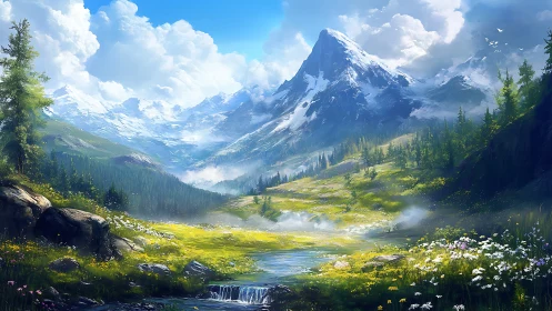 High-altitude alpine valley with snowcapped peak and luminous stream