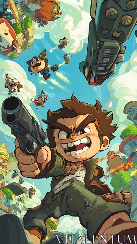 Bold cartoon hero diving into a wild sky-high adventure.