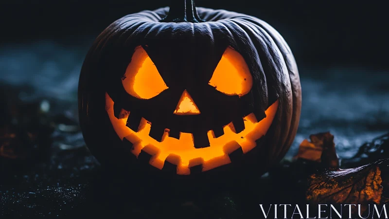 Glowing jack-o’-lantern grins menacingly in the misty dark night