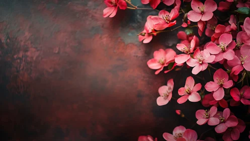 Pink Crabapple Blossoms Against Rust Textured Surface.