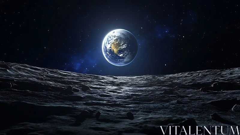 Earthrise above lunar regolith rendered in high-contrast 3D