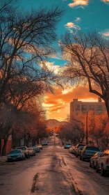 Linear perspective city street under high-saturation sunset sky