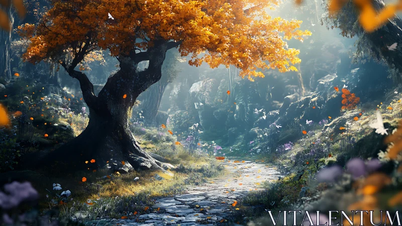 Ancient Golden Tree in Enchanted Valley Forest