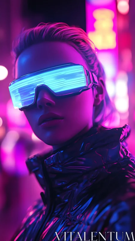 Neon visor frames chrome-clad figure in electric city glow.