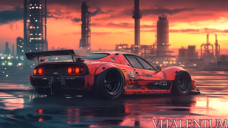 Cyberpunk widebody street racer at neon refinery dusk scene.