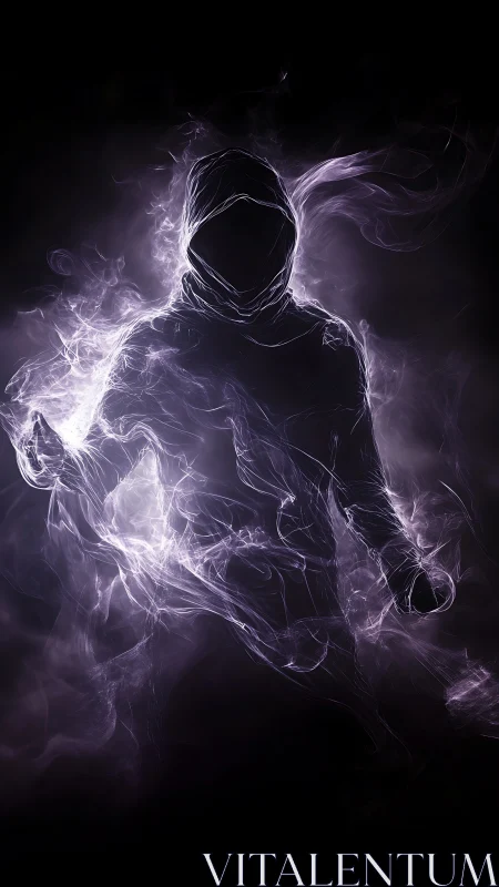 Mysterious hooded figure glowing with swirling violet light.