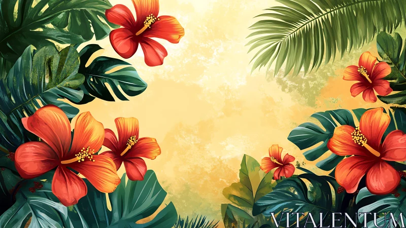 Tropical hibiscus blooms frame golden atmospheric backdrop with verdant foliage.
