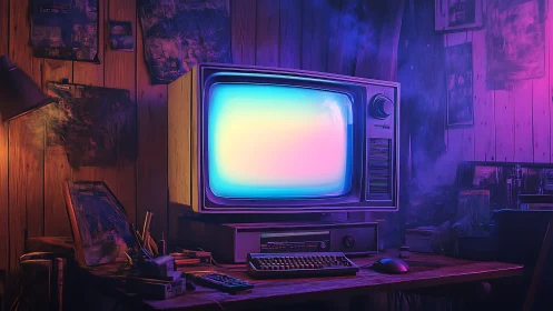 Retro computer and CRT monitor in neon lit wooden room.