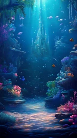 Underwater castle stands amid coral reefs and tropical fish