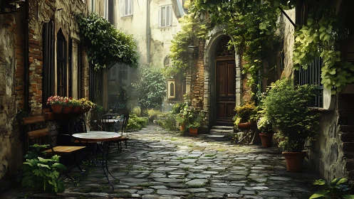 Sunlit stone alleyway cradling vines, doors, and daydreams.