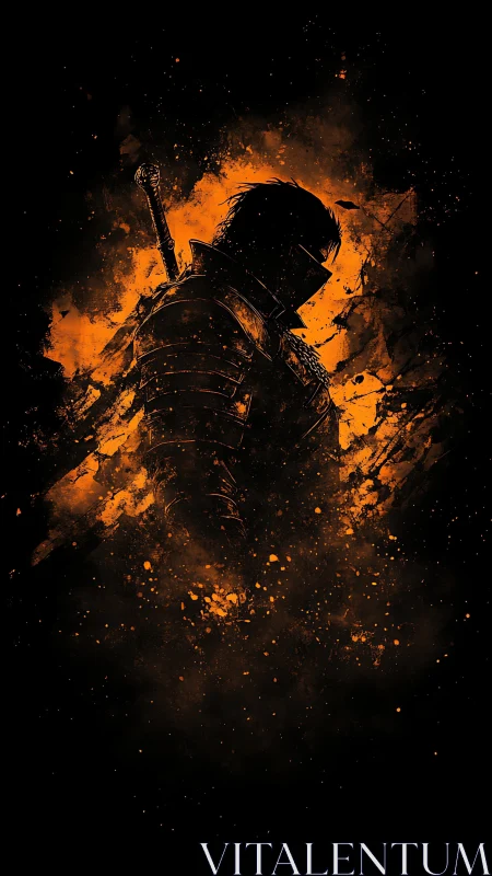 Brooding armored swordsman in fiery orange splatter silhouette.