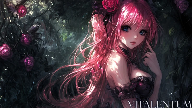 Enchanted rose maiden with luminous pink flowing hair.