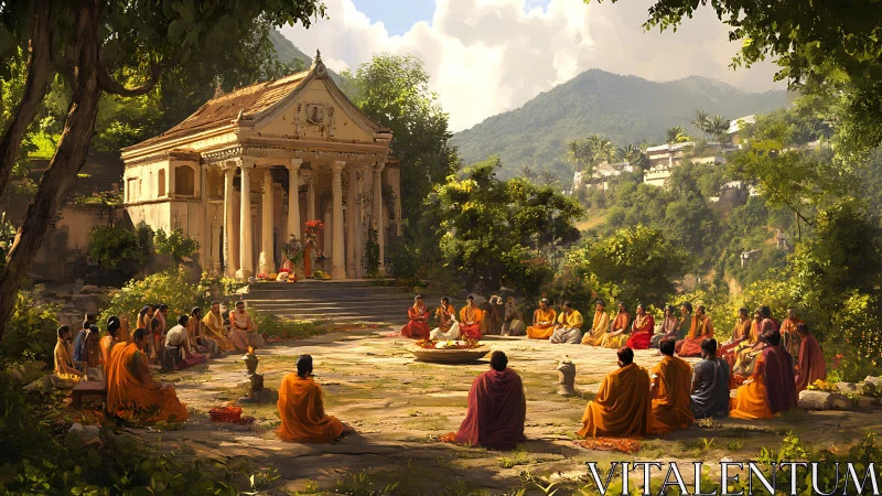 Monastic assembly in forest courtyard before classical temple.