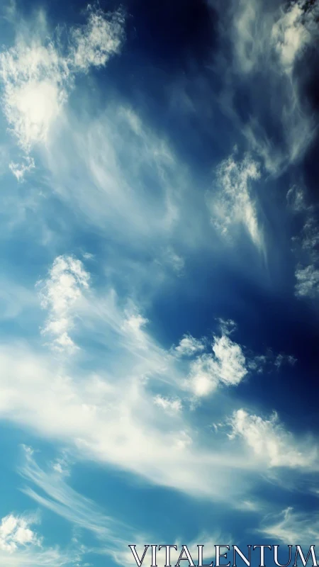 High-altitude cirrus clouds form streaked layers in blue sky