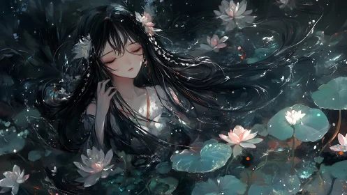 Nocturnal waterlily immersion with ethereal anime figure.