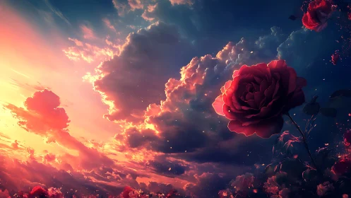 Red rose against vivid sunset sky with glowing clouds.