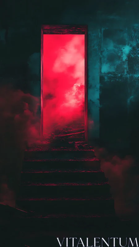 Neon portal ascends through crimson fog and shadowed stairway.