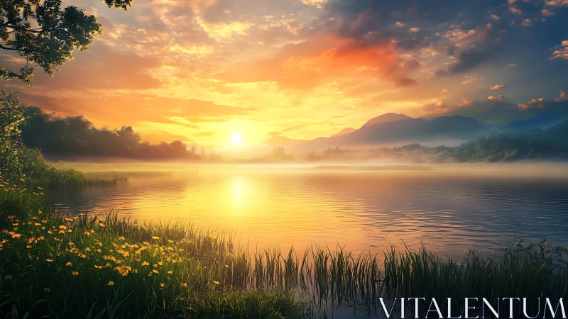 Sunrise drapes liquid gold across a misty mountain lake