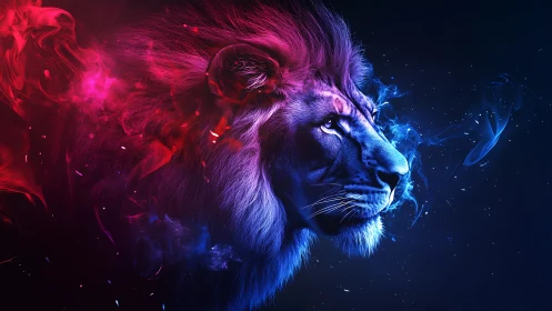 Neon lion profile glows through red and blue cosmic smoke