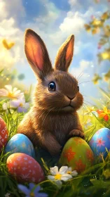 Sunny meadow bunny rests among colorful Easter eggs