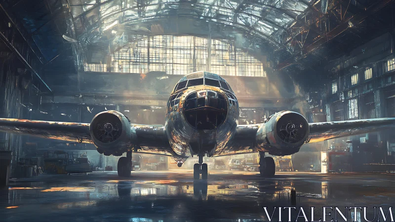 Sunlit vintage airplane resting quietly in a vast hangar.