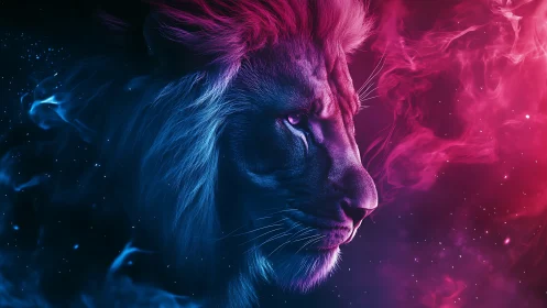 Nebula-streaked lion gazes through electric magenta starlight