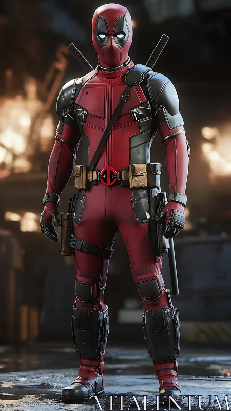 Red tactical superhero in armored suit, cinematic render.