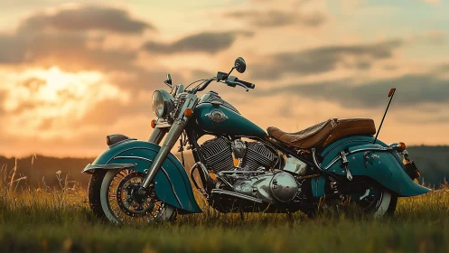 Sunset teal cruiser resting in wild meadow hush.